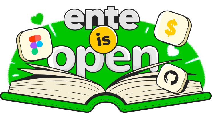 Illustration of an open book with 'Ente is open', and GitHub, Figma and currency icons.