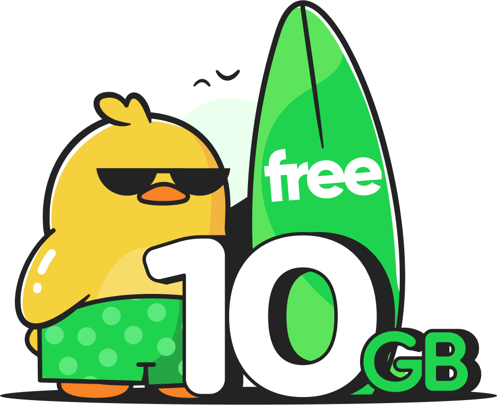 Cartoon of Ducky with a surfboard